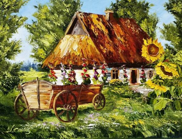 Chata z słonecznikiem - a painting by Urszula Lemańska