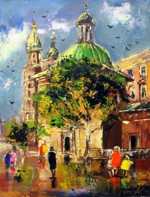 Kościół Mariacki i Św Wojciecha - a painting by Tadeusz Wojtkowski