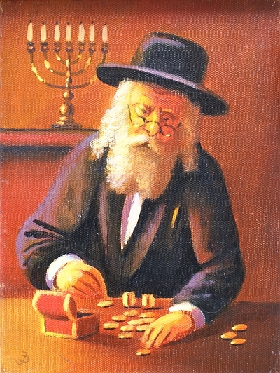 Żyd liczący pieniądze - a painting by Jerzy Domoń