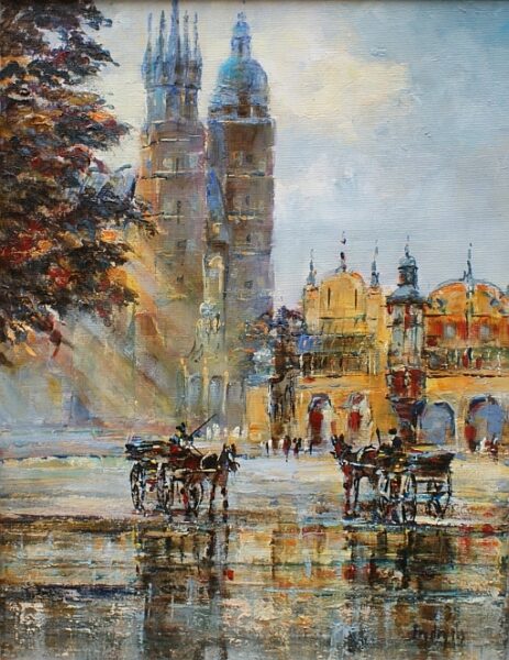 Rynek z dorożką - a painting by Frydrych Danuta