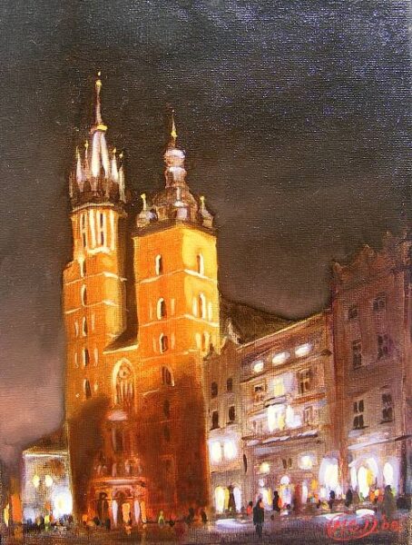 Kościól Mariacki nocą - a painting by Michał Sławomir Dobrowolski