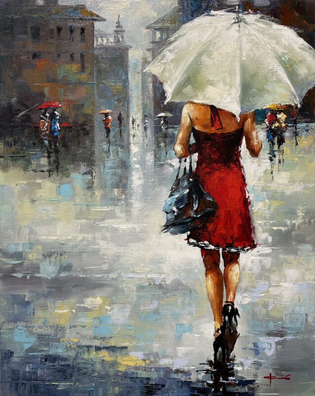 Girl in the rain - a painting by Marian Jesień