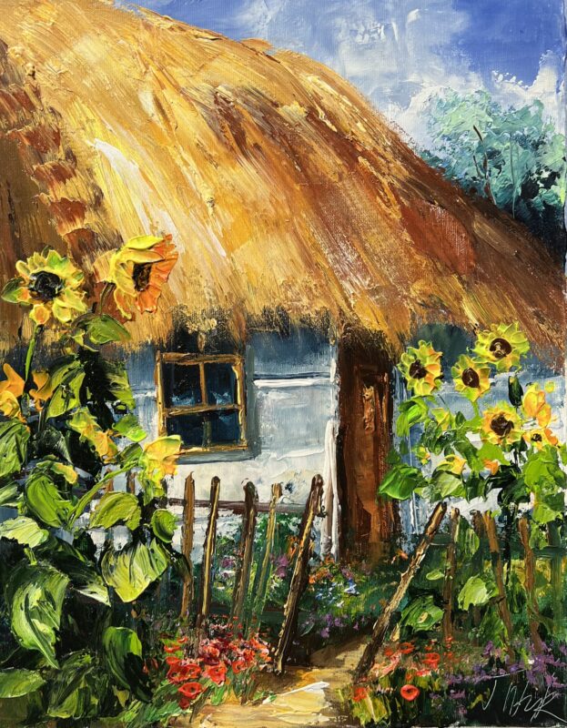 Cottage with sunflowers - a painting by Tadeusz Wojtkowski