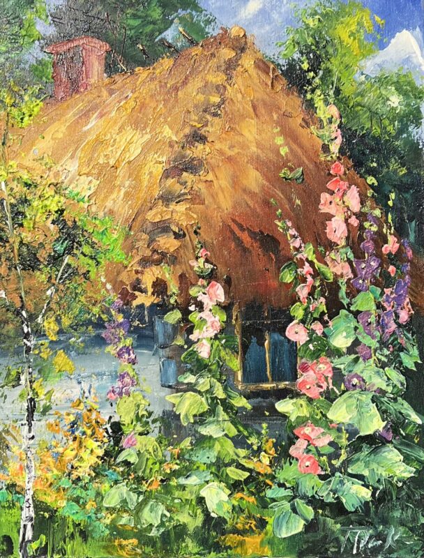 Cottage with mallows - a painting by Tadeusz Wojtkowski