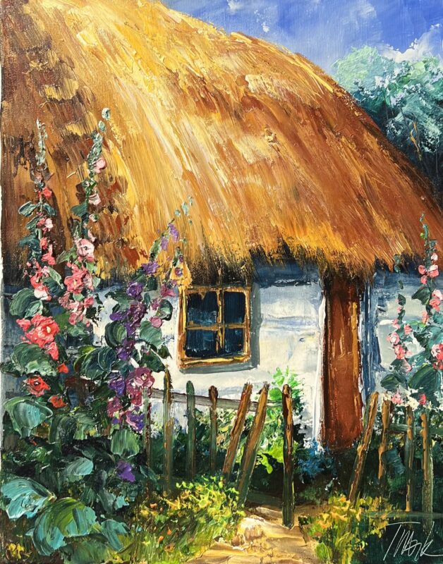 Cottage with mallows - a painting by Tadeusz Wojtkowski