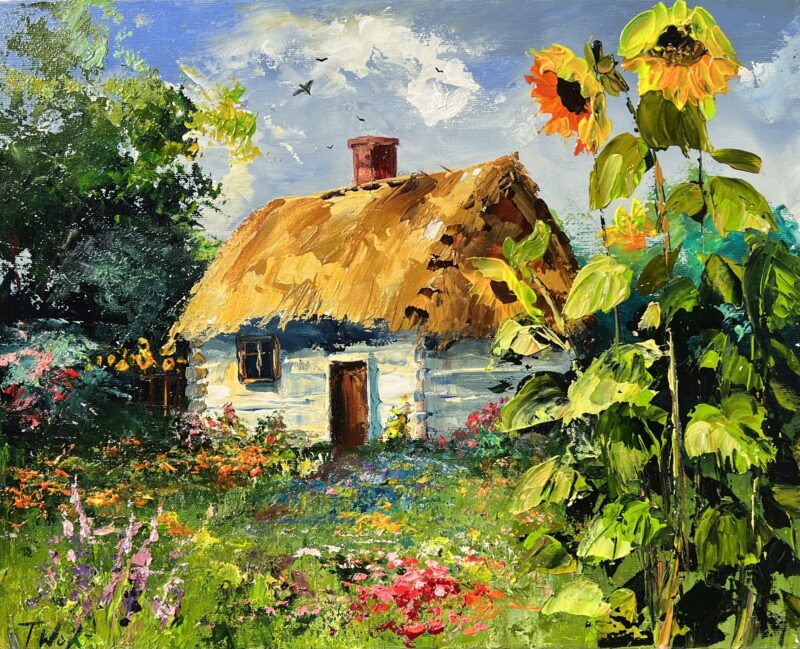 Cottage with sunflowers - a painting by Tadeusz Wojtkowski