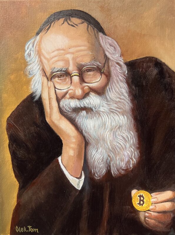 Old Jew with bitcoin - a painting by Aleksander Tomasievych