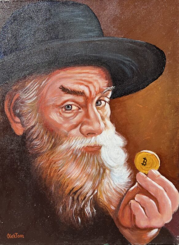 Old Jew with bitcoin - a painting by Aleksander Tomasievych