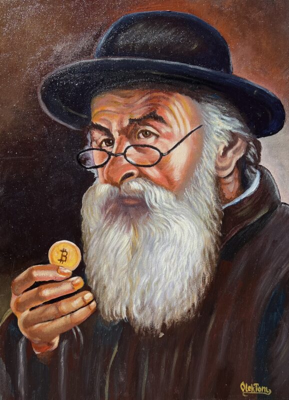 Jew with bitcoin - a painting by Aleksander Tomasievych