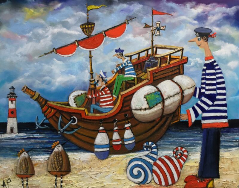 Wow dad! This ship can fly - a painting by Artur Płachta