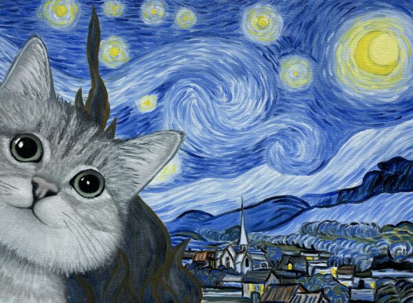 Cat starry night - a painting by Monika Luka