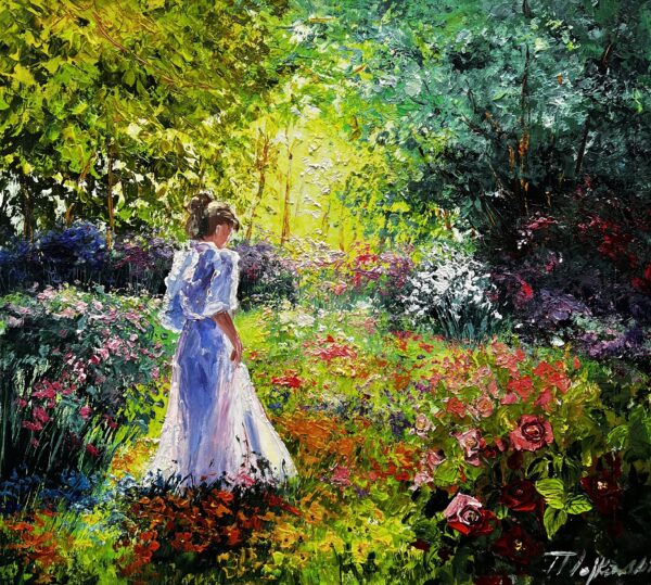 Lady in garden - a painting by Tadeusz Wojtkowski