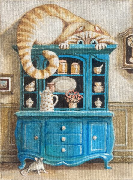 Cat with mouse - a painting by Dorota Zgałówna