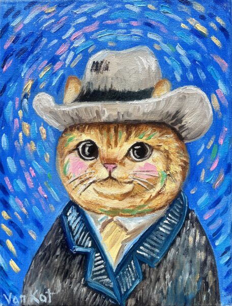 Funny chubby kitten in a hat - a painting by Przemiła Kościelna