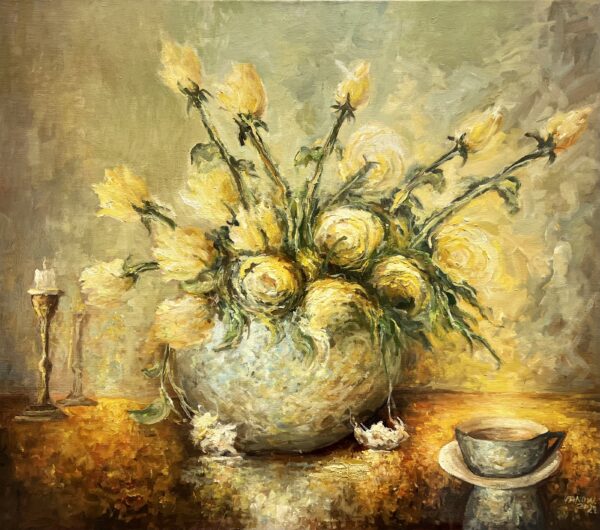 Golden Roses in Candlelight - a painting by Paweł Nowakowski