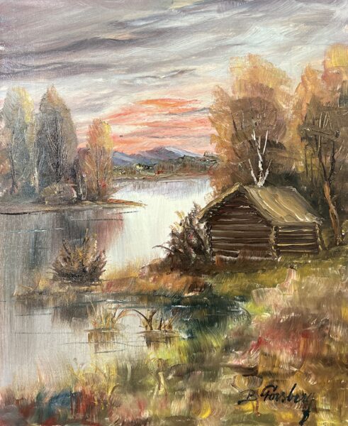 Sunset by the Cabin - a painting by European school (XX)
