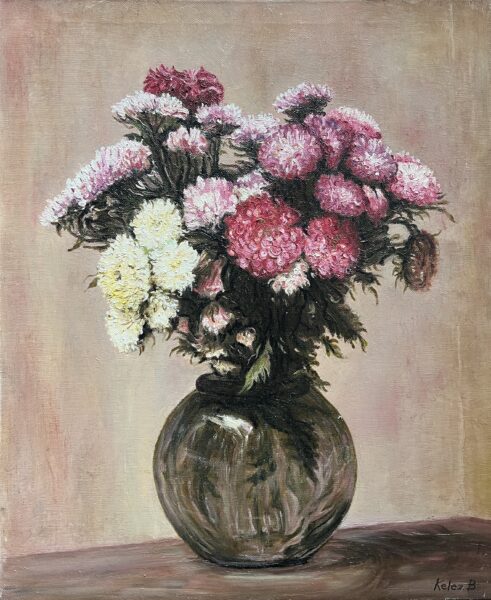 Chrysanthemums in Round Vase - a painting by Beata Kelez