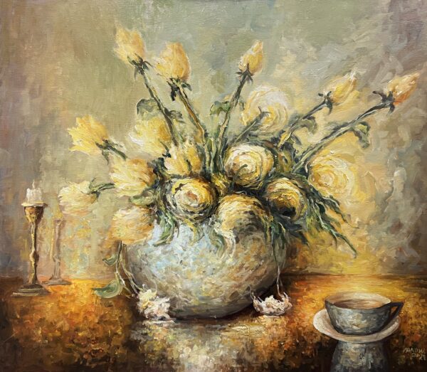 Sunlit Roses with Cup - a painting by Paweł Nowakowski