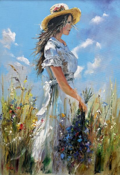 Girl with flowers - a painting by Alfred Anioł